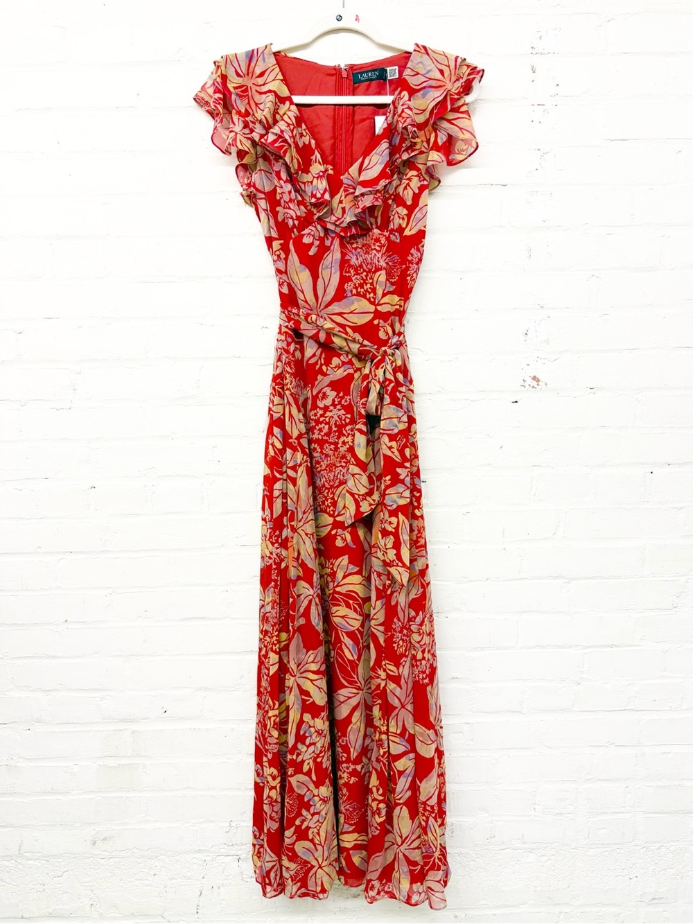 NWT Lauren Ralph Lauren Red Floral Printed Empire-Waist Belted Maxi Dress - Picture 3 of 10